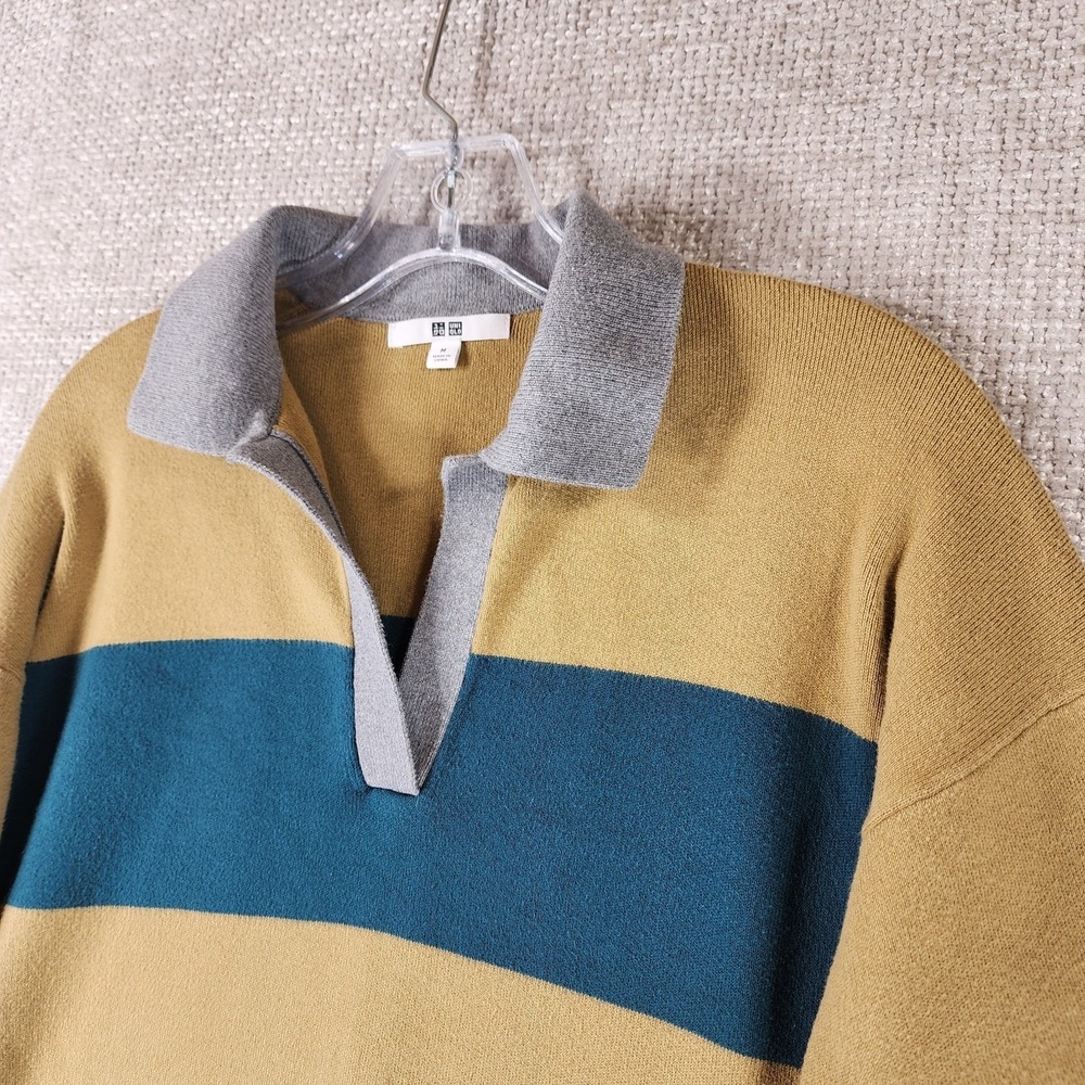 Uniqlo Smooth Cotton Relaxed Polo Sweater Womens M Gold Teal Stripe Crop Preppy - Picture 2 of 11